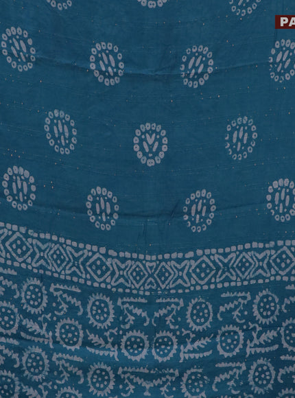 Batik cotton saree teal blue with allover sequin work & batik butta prints and printed lace work border