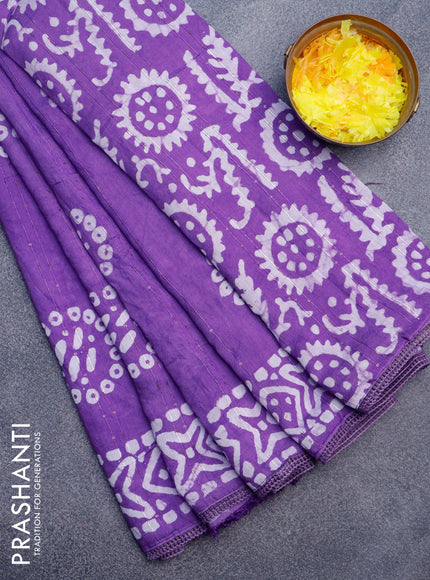 Batik cotton saree lavender shade with allover sequin work & batik butta prints and printed lace work border