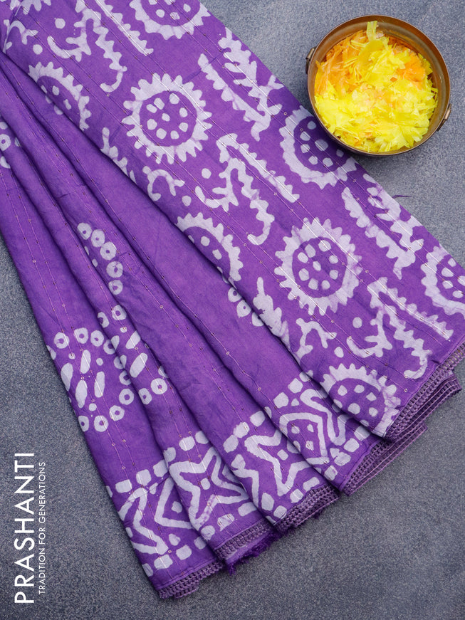 Batik cotton saree lavender shade with allover sequin work & batik butta prints and printed lace work border