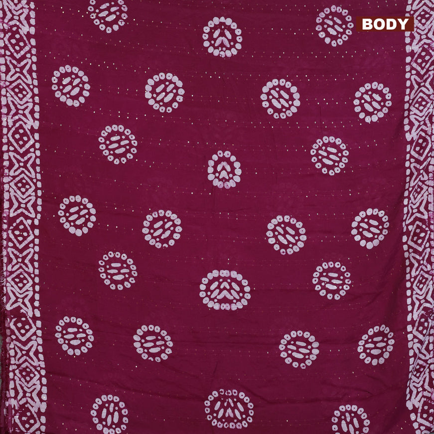 Batik cotton saree wine shade with allover sequin work & batik butta prints and printed lace work border