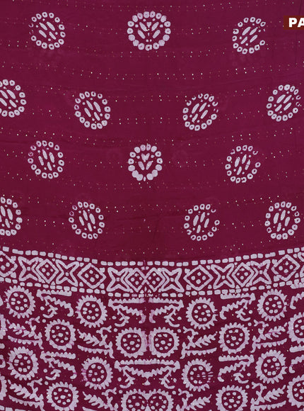 Batik cotton saree wine shade with allover sequin work & batik butta prints and printed lace work border