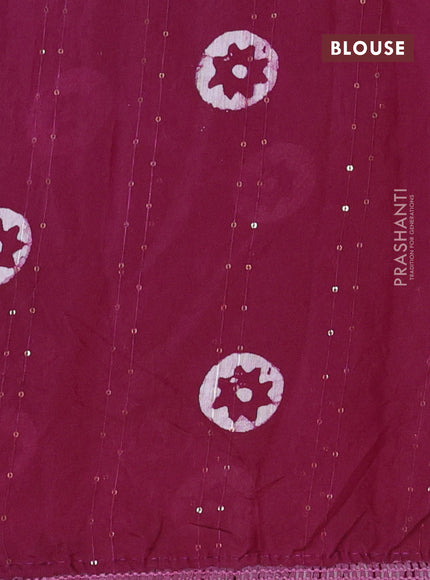 Batik cotton saree wine shade with allover sequin work & batik butta prints and printed lace work border