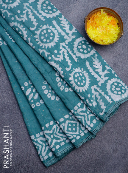 Batik cotton saree pastel shade of green with allover sequin work & batik butta prints and printed lace work border