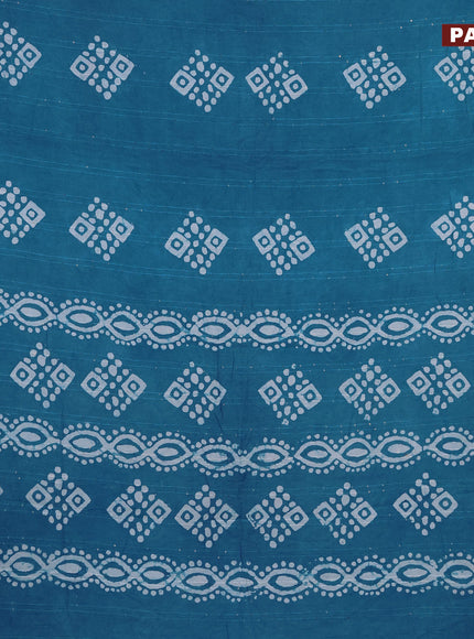 Batik cotton saree teal blue with allover sequin work & batik butta prints and printed lace work border