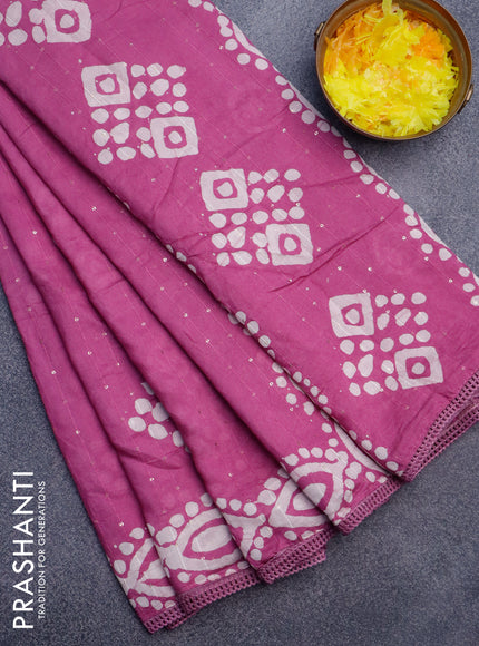 Batik cotton saree mild purple with allover sequin work & batik butta prints and printed lace work border