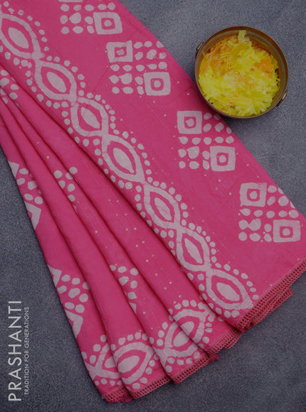 Batik cotton saree light pink with allover sequin work & batik butta prints and printed lace work border