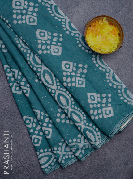 Batik cotton saree green shade with allover sequin work & batik butta prints and printed lace work border