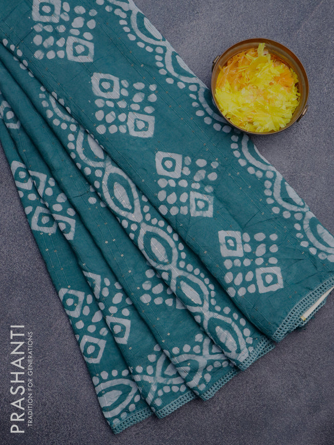 Batik cotton saree green shade with allover sequin work & batik butta prints and printed lace work border