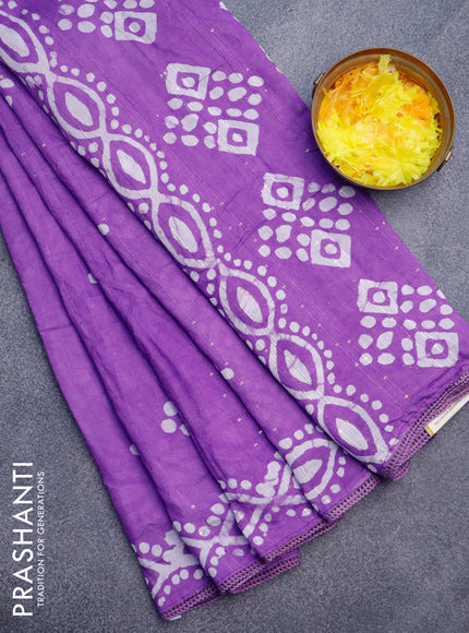 Batik cotton saree violet with allover sequin work & batik butta prints and printed lace work border