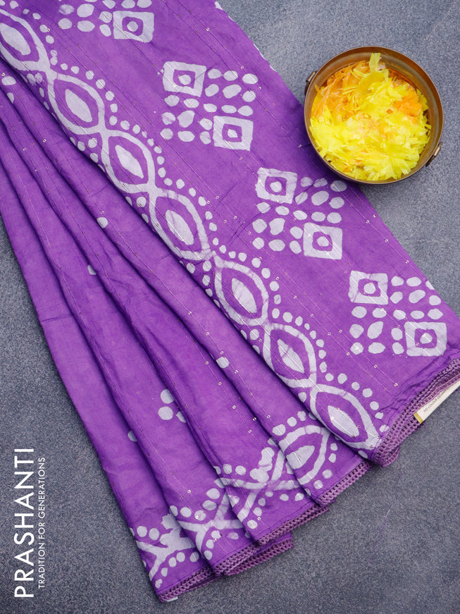 Batik cotton saree violet with allover sequin work & batik butta prints and printed lace work border