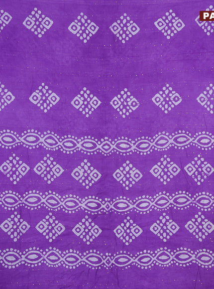 Batik cotton saree violet with allover sequin work & batik butta prints and printed lace work border