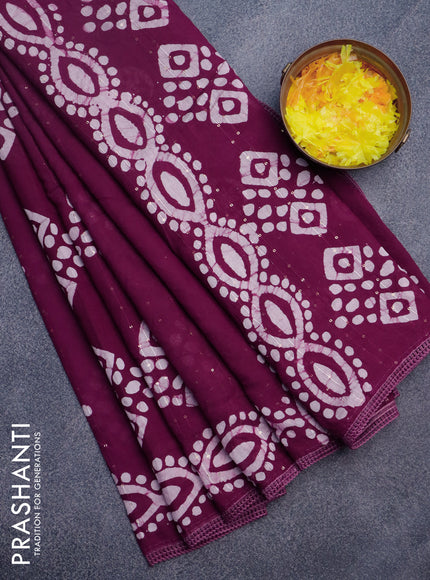 Batik cotton saree wine shade with allover sequin work & batik butta prints and printed lace work border