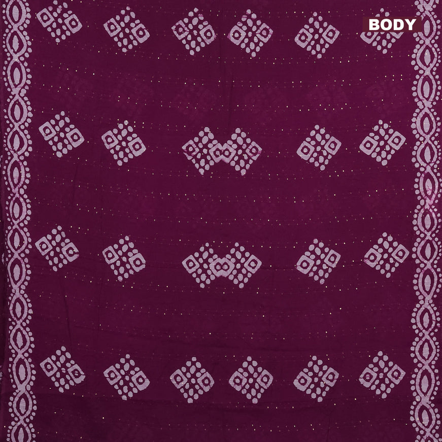 Batik cotton saree wine shade with allover sequin work & batik butta prints and printed lace work border