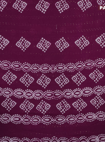 Batik cotton saree wine shade with allover sequin work & batik butta prints and printed lace work border