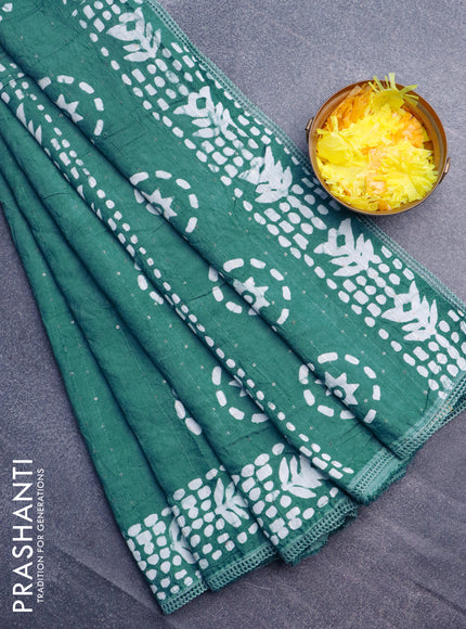 Batik cotton saree pastel shade of green with allover sequin work & batik butta prints and printed lace work border