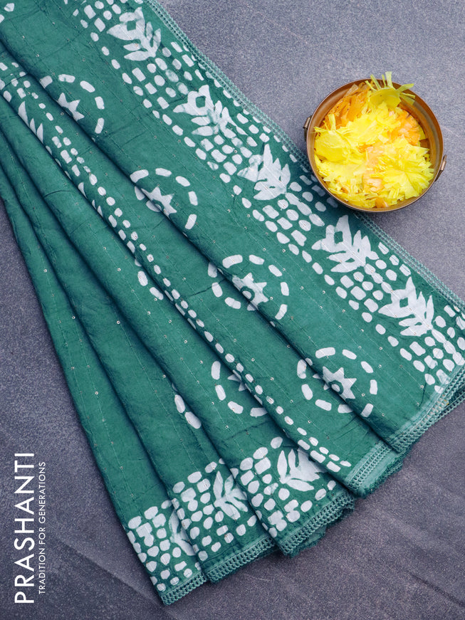 Batik cotton saree pastel shade of green with allover sequin work & batik butta prints and printed lace work border