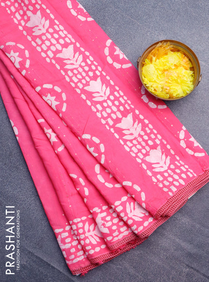 Batik cotton saree pink with allover sequin work & batik butta prints and printed lace work border