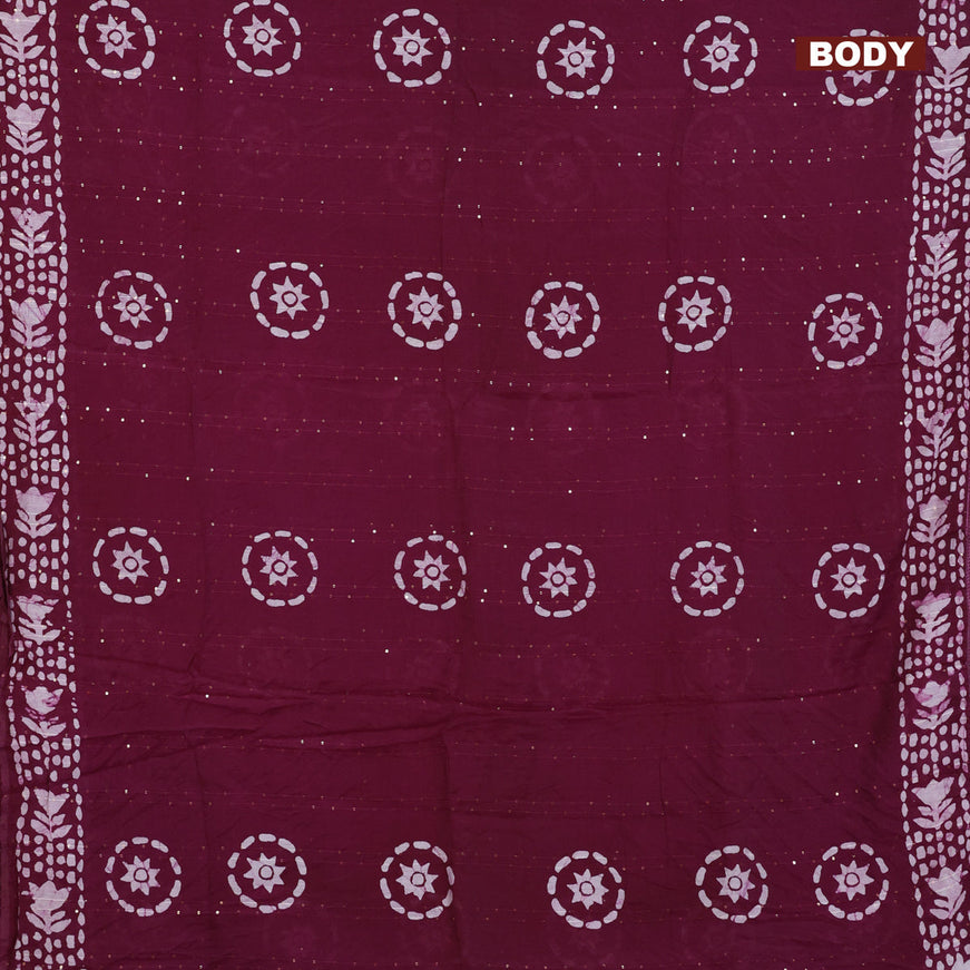 Batik cotton saree wine shade with allover sequin work & batik butta prints and printed lace work border