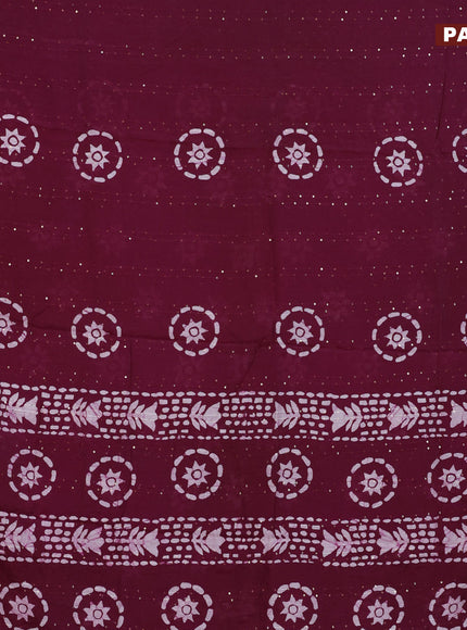 Batik cotton saree wine shade with allover sequin work & batik butta prints and printed lace work border