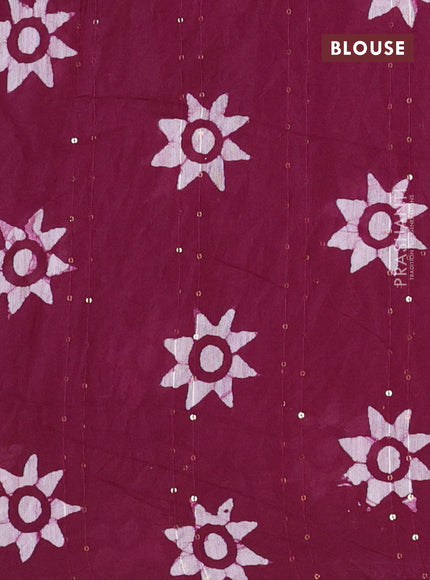 Batik cotton saree wine shade with allover sequin work & batik butta prints and printed lace work border