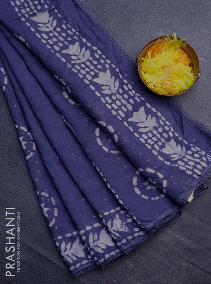 Batik cotton saree grey with allover sequin work & batik butta prints and printed lace work border