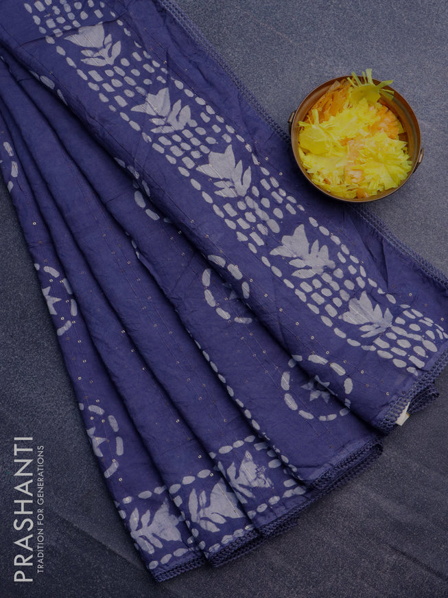 Batik cotton saree grey with allover sequin work & batik butta prints and printed lace work border