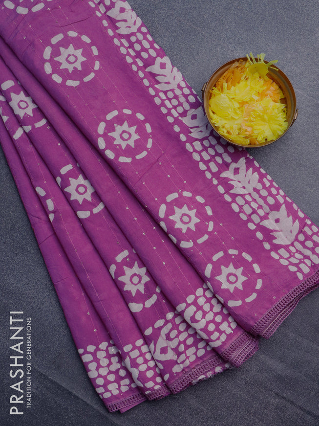 Batik cotton saree mild purple with allover sequin work & batik butta prints and printed lace work border