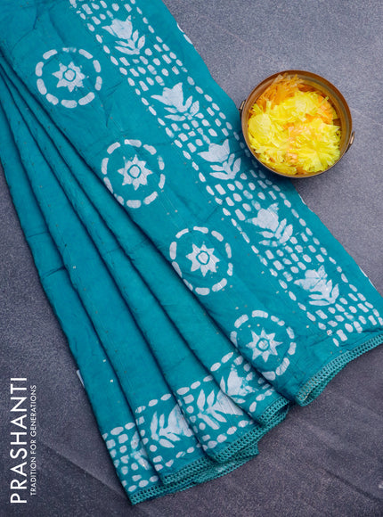 Batik cotton saree teal blue with allover sequin work & batik butta prints and printed lace work border