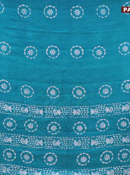 Batik cotton saree teal blue with allover sequin work & batik butta prints and printed lace work border