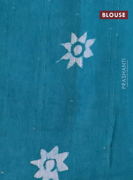 Batik cotton saree teal blue with allover sequin work & batik butta prints and printed lace work border