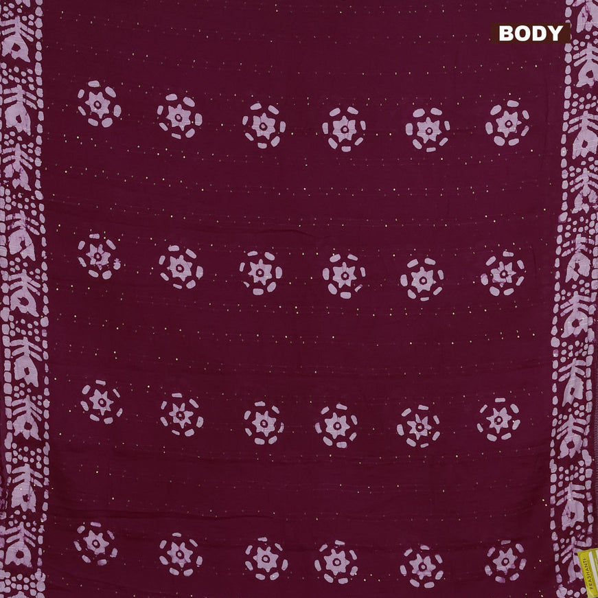 Batik cotton saree wine shade with allover sequin work & batik butta prints and printed lace work border