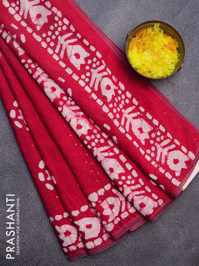 Batik cotton saree reddish pink with allover sequin work & batik butta prints and printed lace work border