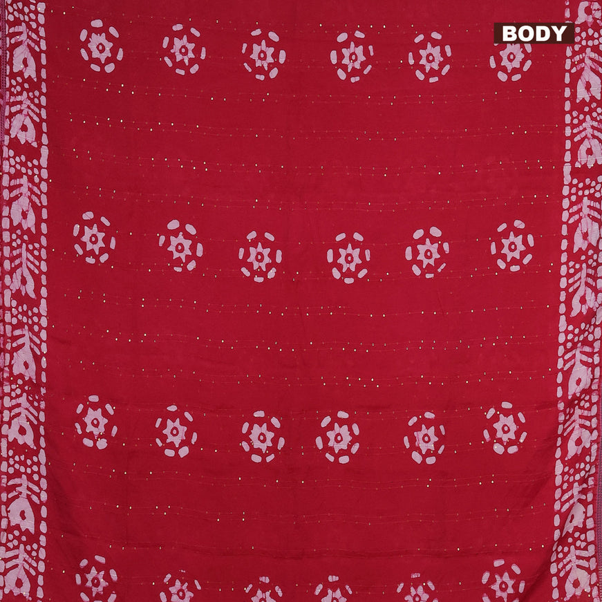 Batik cotton saree reddish pink with allover sequin work & batik butta prints and printed lace work border