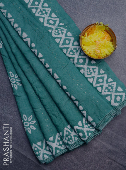 Batik cotton saree pastel shade of green with allover sequin work & batik butta prints and printed lace work border