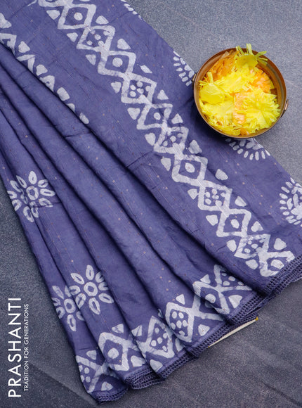 Batik cotton saree grey with allover sequin work & batik butta prints and printed lace work border