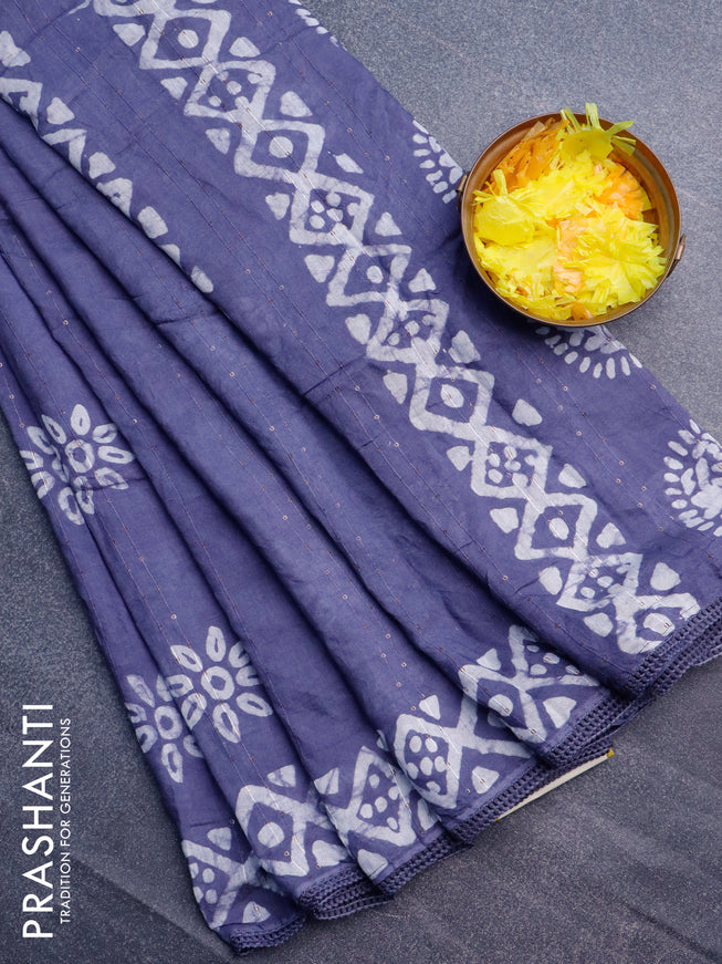 Batik cotton saree grey with allover sequin work & batik butta prints and printed lace work border