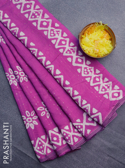 Batik cotton saree mild purple with allover sequin work & batik butta prints and printed lace work border