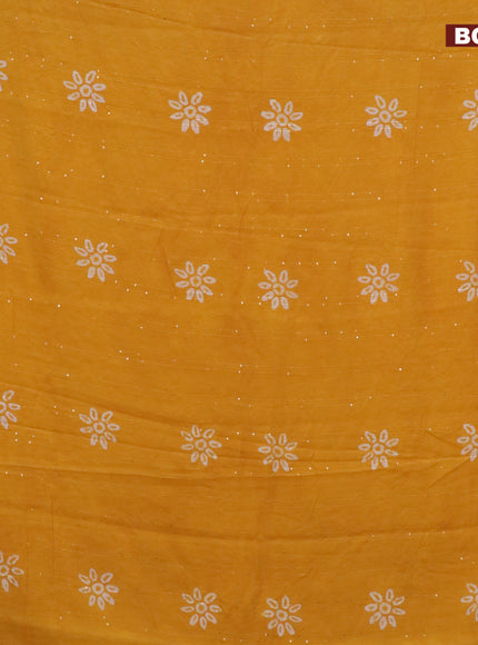 Batik cotton saree yellow with allover sequin work & batik butta prints and printed lace work border 4damage