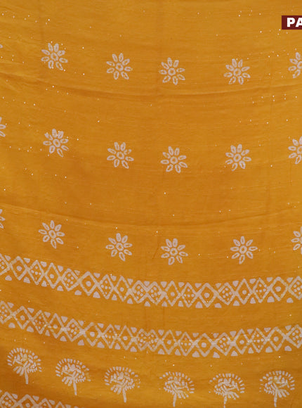 Batik cotton saree yellow with allover sequin work & batik butta prints and printed lace work border 4damage