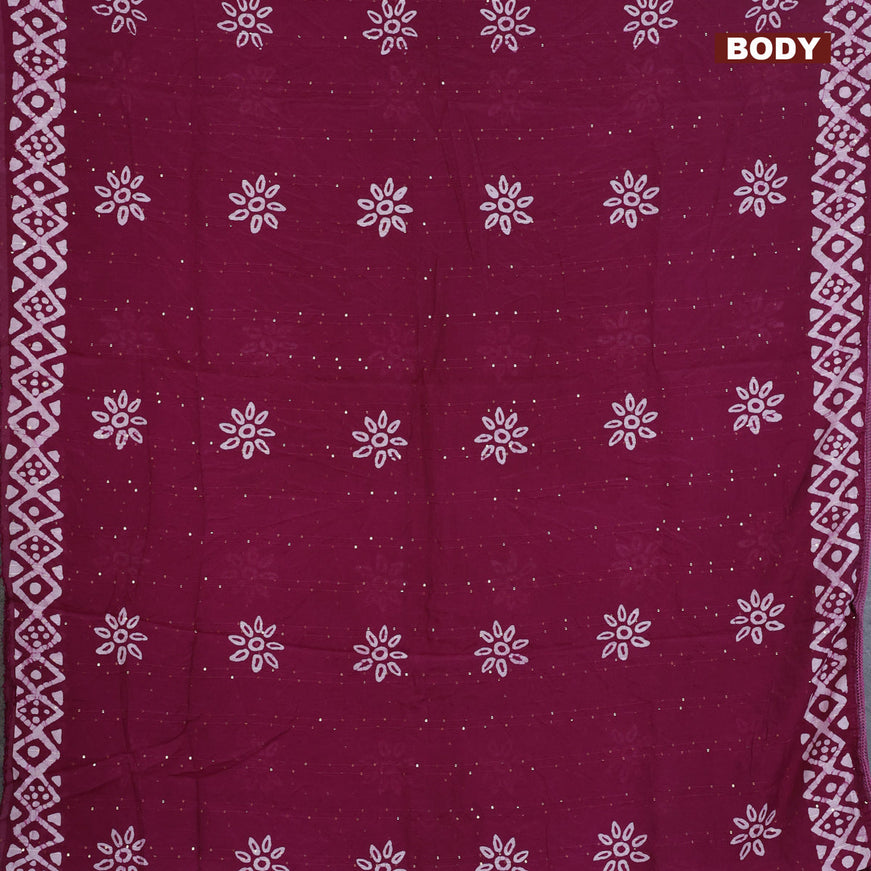 Batik cotton saree wine shade with allover sequin work & batik butta prints and printed lace work border