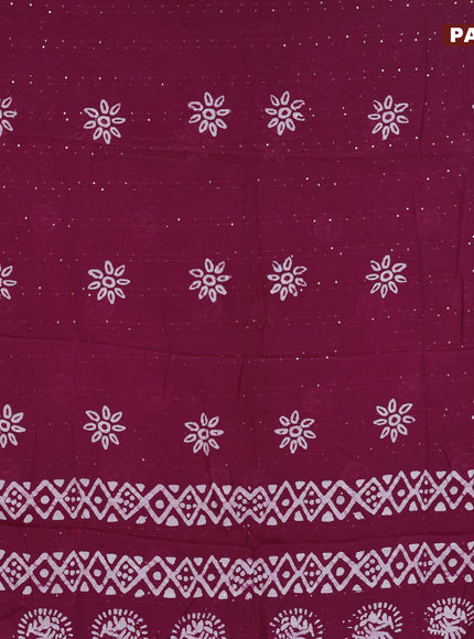 Batik cotton saree wine shade with allover sequin work & batik butta prints and printed lace work border