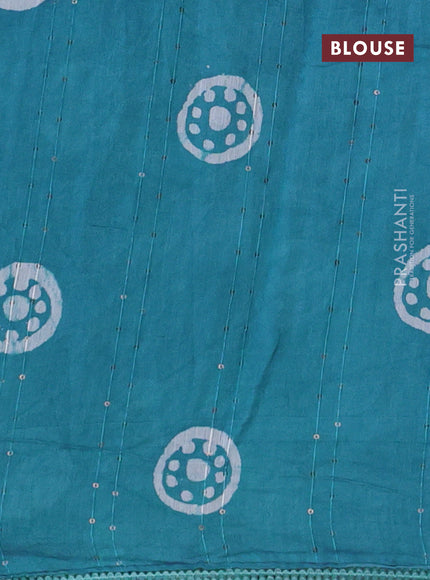 Batik cotton saree peacock blue with allover sequin work & batik butta prints and printed lace work border