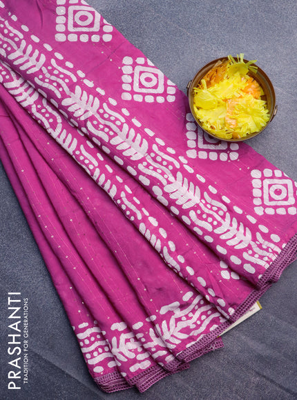 Batik cotton saree mild purple with allover sequin work & batik butta prints and printed lace work border