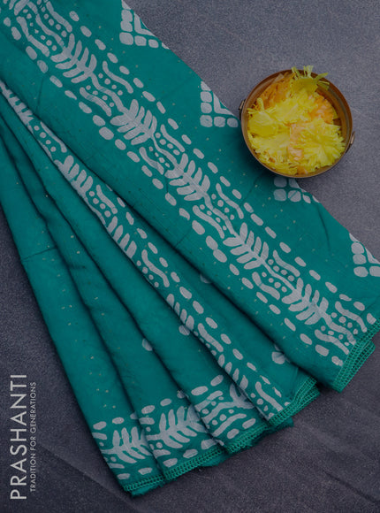 Batik cotton saree teal blue with allover sequin work & batik butta prints and printed lace work border