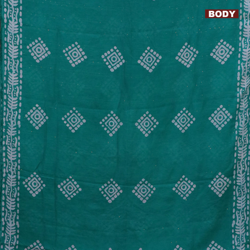 Batik cotton saree teal blue with allover sequin work & batik butta prints and printed lace work border