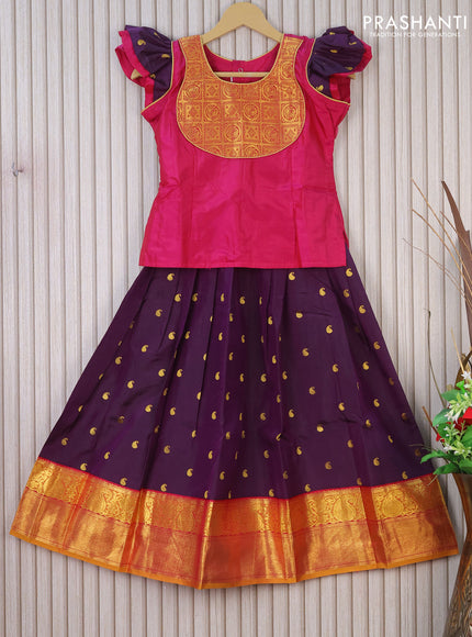 Silk kids lehenga pink and deep purple with patch work neck pattern and zari buttas & long zari woven border for 8 years