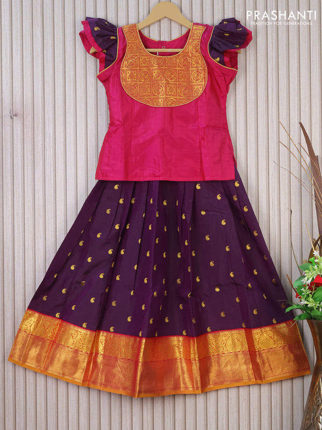 Silk kids lehenga pink and deep purple with patch work neck pattern and zari buttas & long zari woven border for 8 years