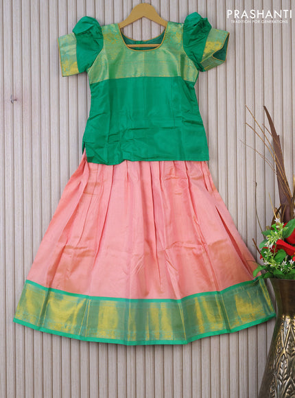 Silk kids lehenga teal gren and mild peach pink with patch work neck pattern and self emboss & zari woven border for 8 years