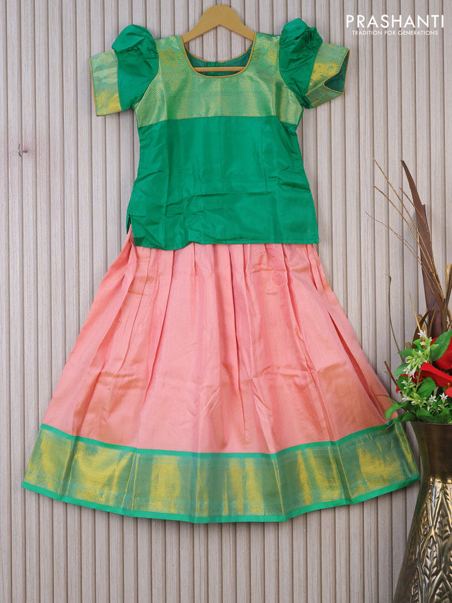 Silk kids lehenga teal gren and mild peach pink with patch work neck pattern and self emboss & zari woven border for 8 years