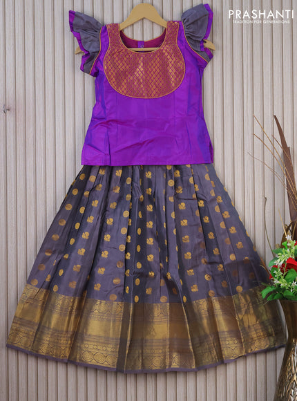 Silk kids lehenga purple and grey with patch work neck pattern and zari buttas & long zari woven border for 8 years